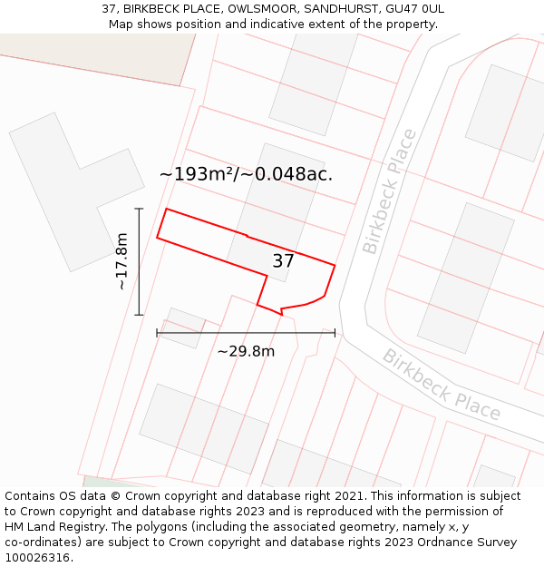 37, BIRKBECK PLACE, OWLSMOOR, SANDHURST, GU47 0UL: Plot and title map