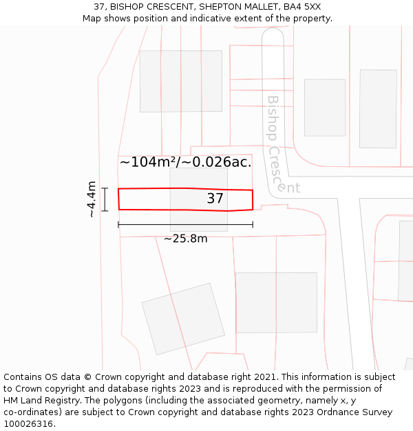 37, BISHOP CRESCENT, SHEPTON MALLET, BA4 5XX: Plot and title map