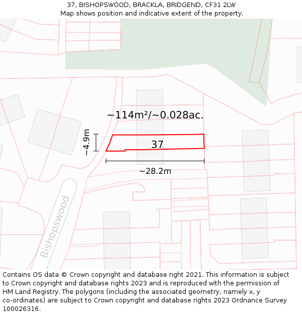37, BISHOPSWOOD, BRACKLA, BRIDGEND, CF31 2LW: Plot and title map