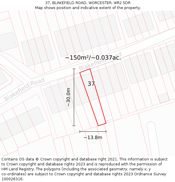 37, BLAKEFIELD ROAD, WORCESTER, WR2 5DR: Plot and title map