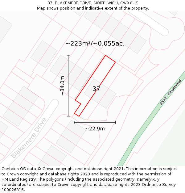 37, BLAKEMERE DRIVE, NORTHWICH, CW9 8US: Plot and title map