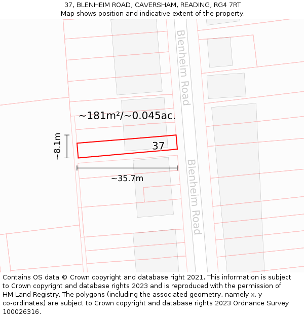 37, BLENHEIM ROAD, CAVERSHAM, READING, RG4 7RT: Plot and title map