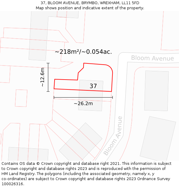 37, BLOOM AVENUE, BRYMBO, WREXHAM, LL11 5FD: Plot and title map
