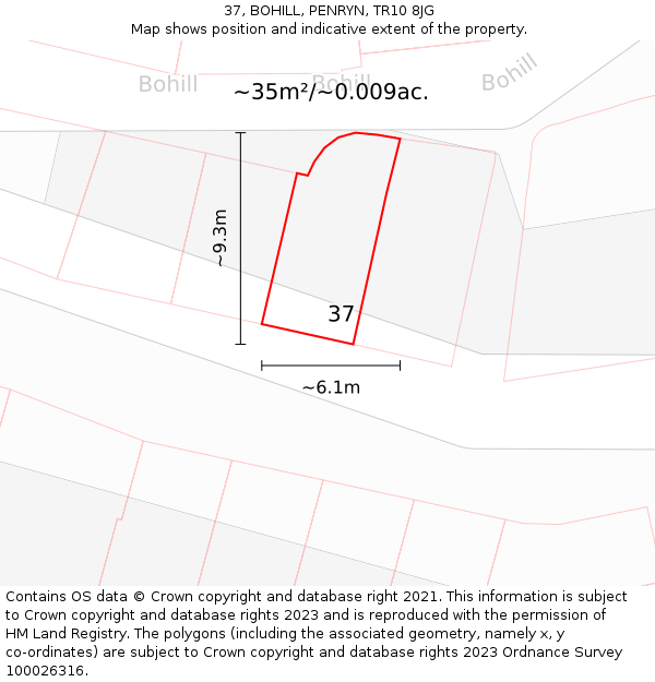 37, BOHILL, PENRYN, TR10 8JG: Plot and title map