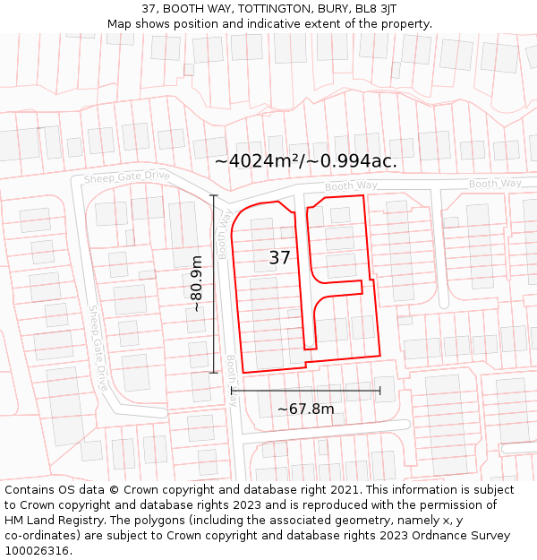 37, BOOTH WAY, TOTTINGTON, BURY, BL8 3JT: Plot and title map