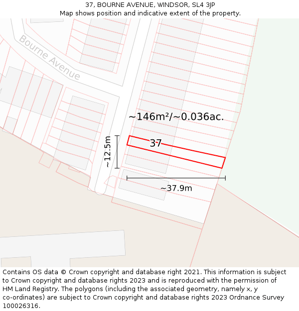 37, BOURNE AVENUE, WINDSOR, SL4 3JP: Plot and title map