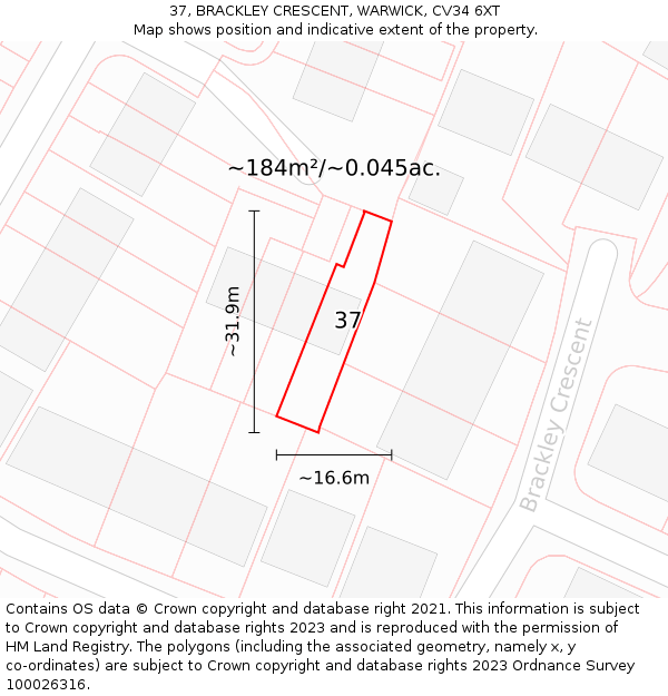 37, BRACKLEY CRESCENT, WARWICK, CV34 6XT: Plot and title map