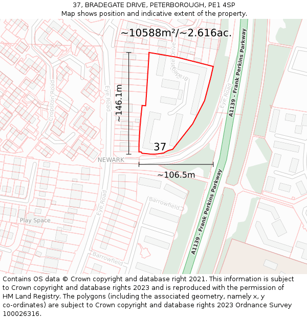 37, BRADEGATE DRIVE, PETERBOROUGH, PE1 4SP: Plot and title map