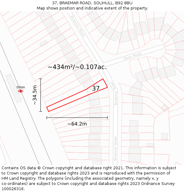 37, BRAEMAR ROAD, SOLIHULL, B92 8BU: Plot and title map