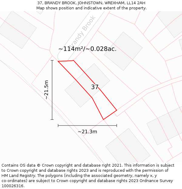 37, BRANDY BROOK, JOHNSTOWN, WREXHAM, LL14 2AH: Plot and title map
