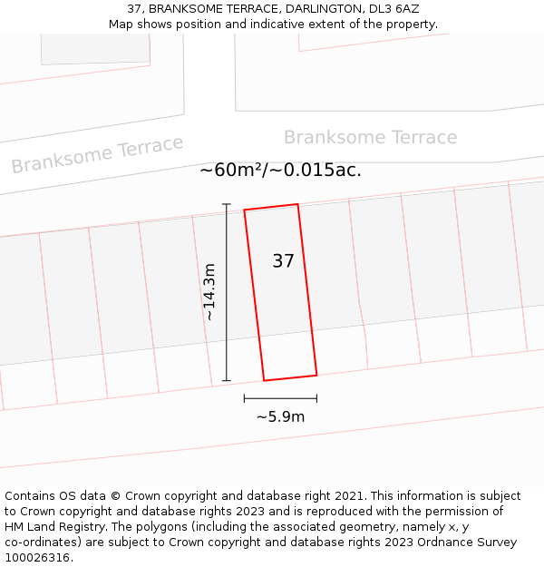37, BRANKSOME TERRACE, DARLINGTON, DL3 6AZ: Plot and title map