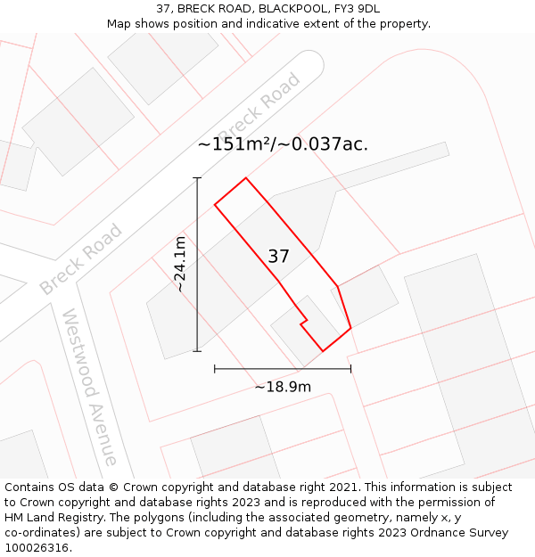 37, BRECK ROAD, BLACKPOOL, FY3 9DL: Plot and title map