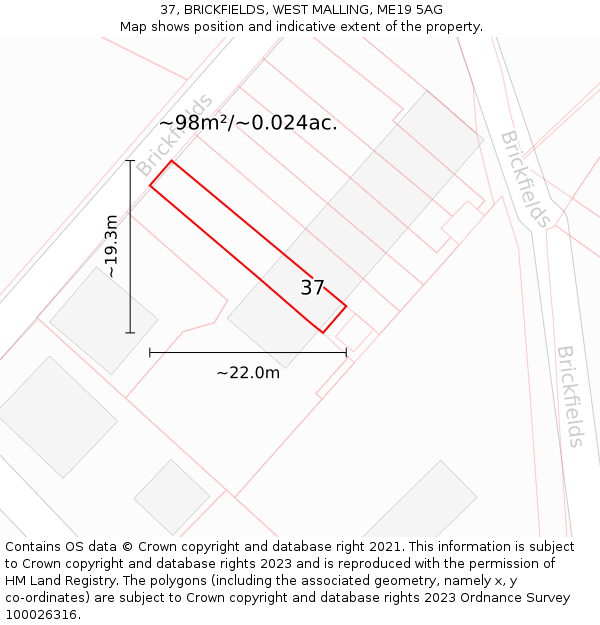 37, BRICKFIELDS, WEST MALLING, ME19 5AG: Plot and title map