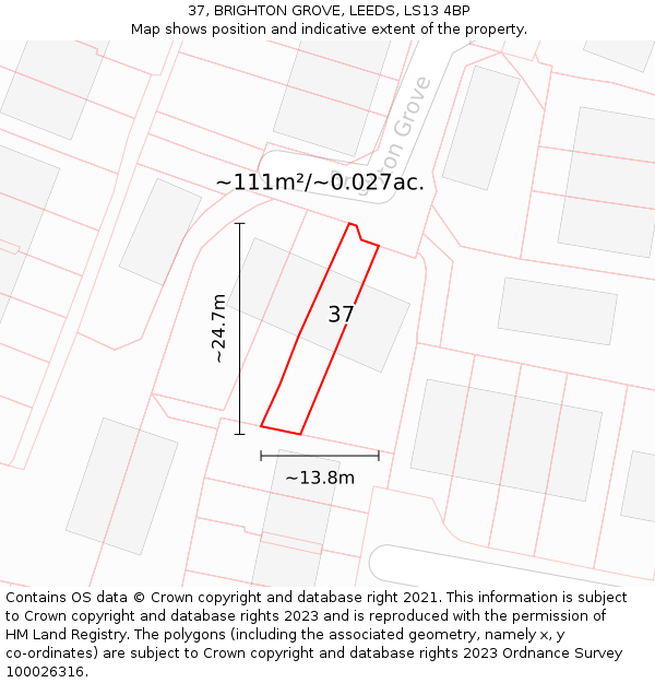 37, BRIGHTON GROVE, LEEDS, LS13 4BP: Plot and title map