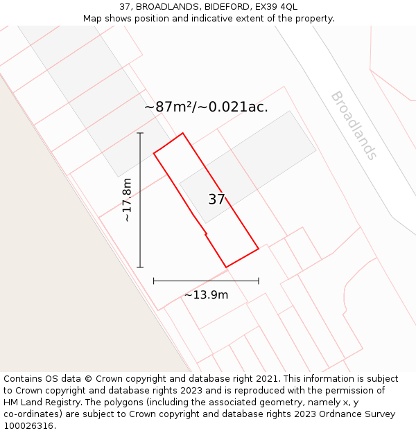 37, BROADLANDS, BIDEFORD, EX39 4QL: Plot and title map