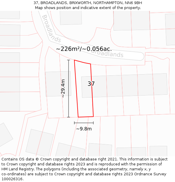 37, BROADLANDS, BRIXWORTH, NORTHAMPTON, NN6 9BH: Plot and title map