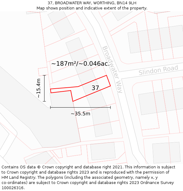 37, BROADWATER WAY, WORTHING, BN14 9LH: Plot and title map
