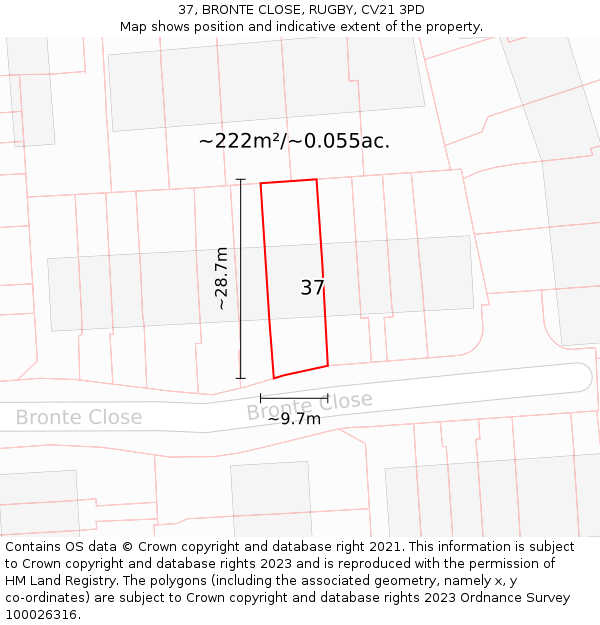 37, BRONTE CLOSE, RUGBY, CV21 3PD: Plot and title map