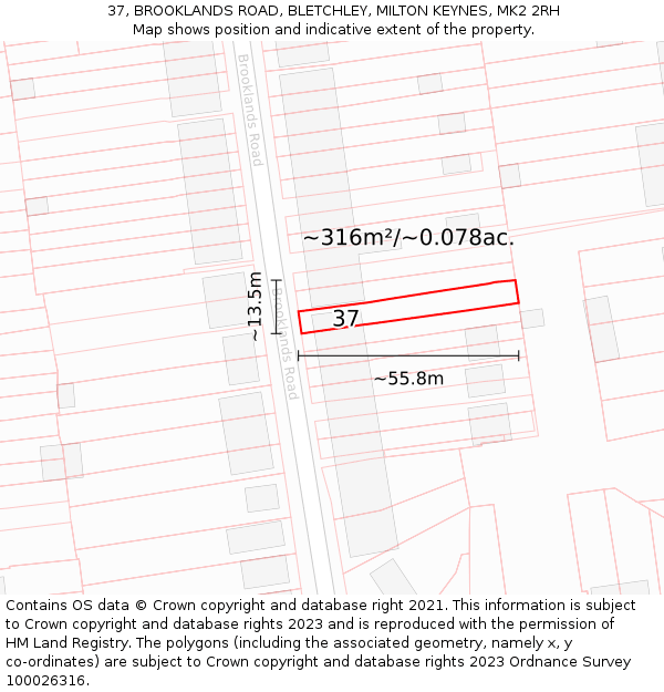 37, BROOKLANDS ROAD, BLETCHLEY, MILTON KEYNES, MK2 2RH: Plot and title map