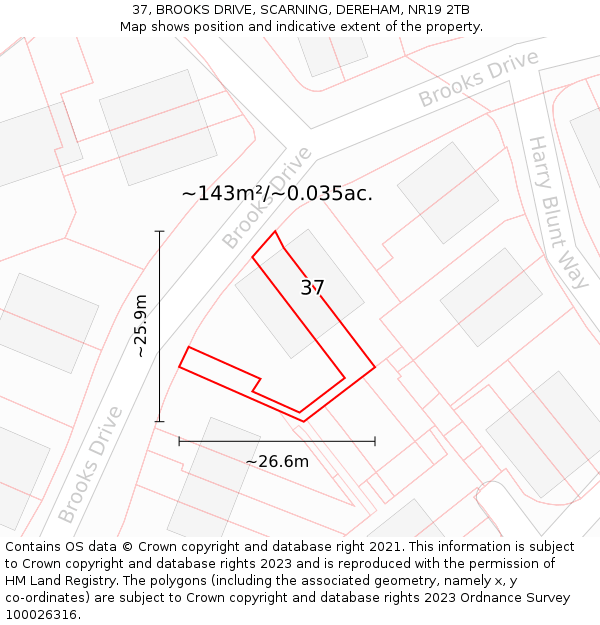 37, BROOKS DRIVE, SCARNING, DEREHAM, NR19 2TB: Plot and title map