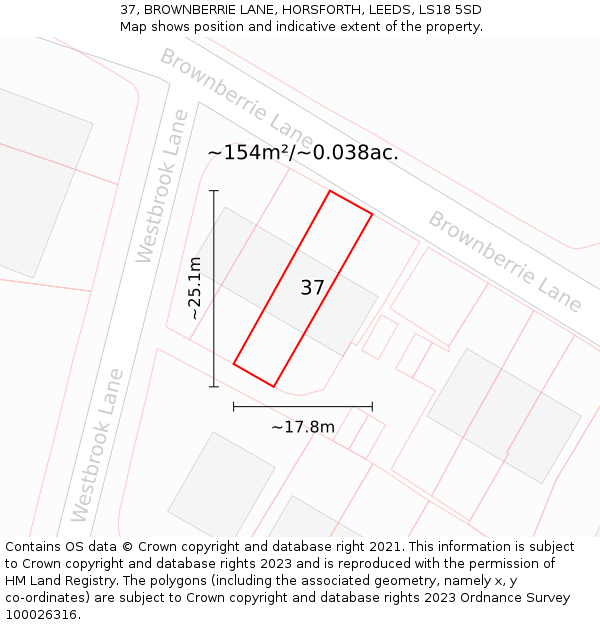 37, BROWNBERRIE LANE, HORSFORTH, LEEDS, LS18 5SD: Plot and title map