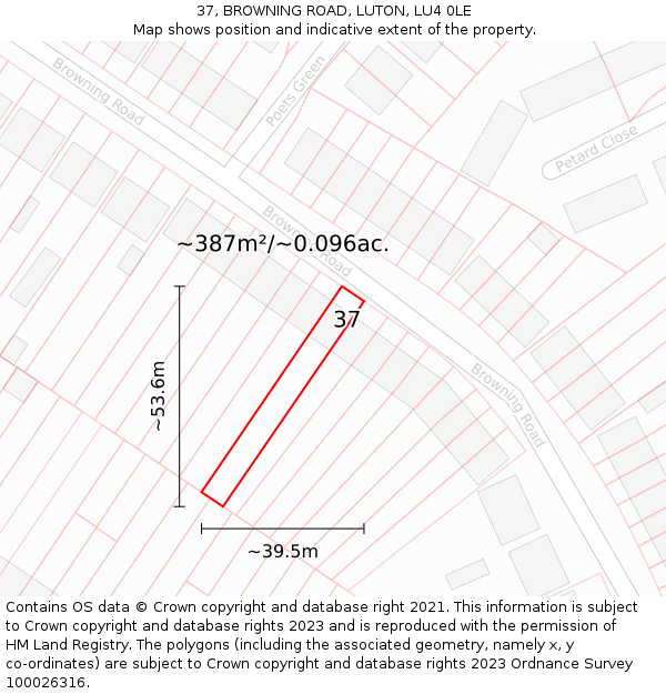 37, BROWNING ROAD, LUTON, LU4 0LE: Plot and title map