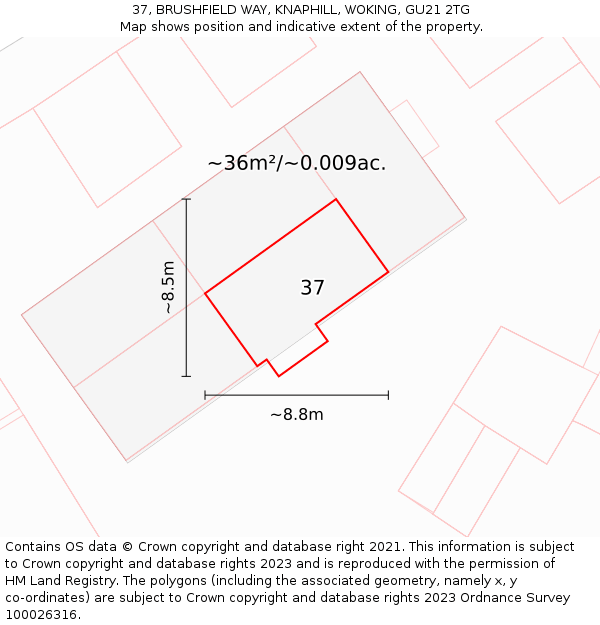 37, BRUSHFIELD WAY, KNAPHILL, WOKING, GU21 2TG: Plot and title map