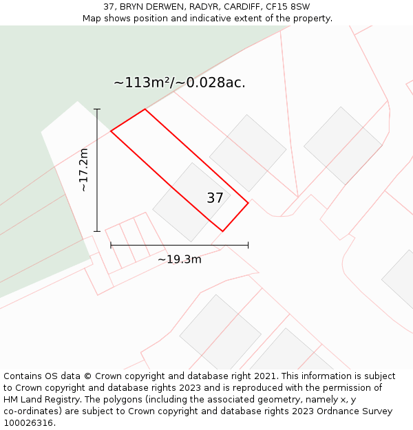 37, BRYN DERWEN, RADYR, CARDIFF, CF15 8SW: Plot and title map