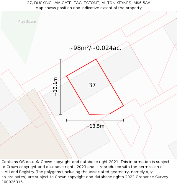37, BUCKINGHAM GATE, EAGLESTONE, MILTON KEYNES, MK6 5AA: Plot and title map