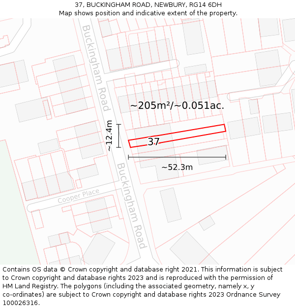 37, BUCKINGHAM ROAD, NEWBURY, RG14 6DH: Plot and title map