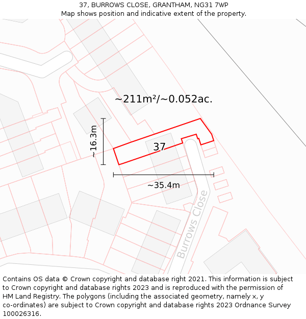 37, BURROWS CLOSE, GRANTHAM, NG31 7WP: Plot and title map
