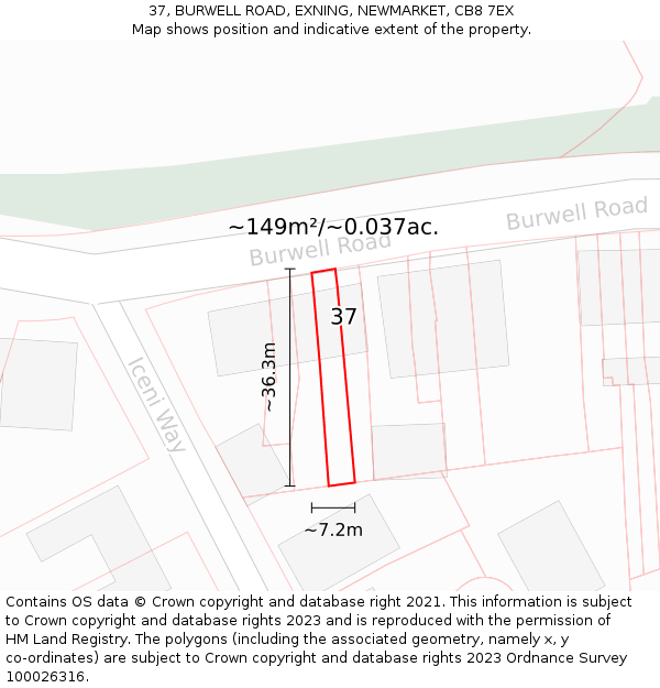 37, BURWELL ROAD, EXNING, NEWMARKET, CB8 7EX: Plot and title map