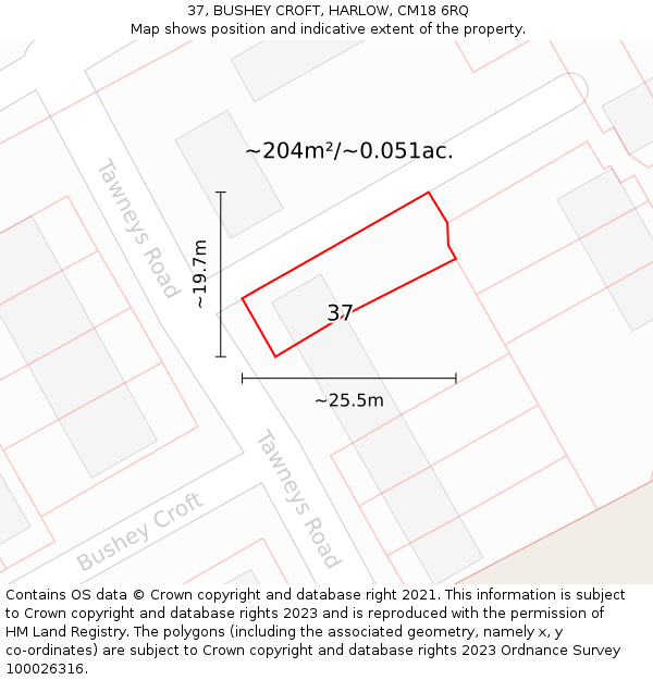 37, BUSHEY CROFT, HARLOW, CM18 6RQ: Plot and title map
