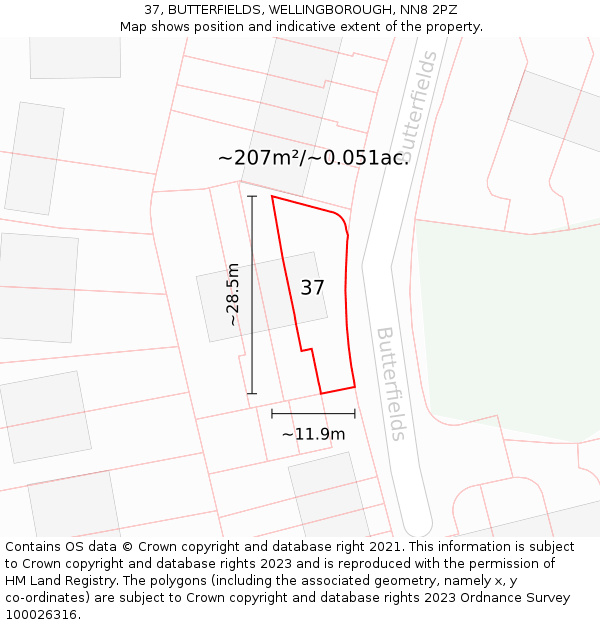 37, BUTTERFIELDS, WELLINGBOROUGH, NN8 2PZ: Plot and title map