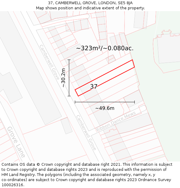 37, CAMBERWELL GROVE, LONDON, SE5 8JA: Plot and title map