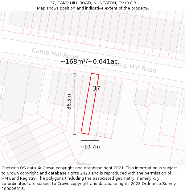 37, CAMP HILL ROAD, NUNEATON, CV10 0JP: Plot and title map