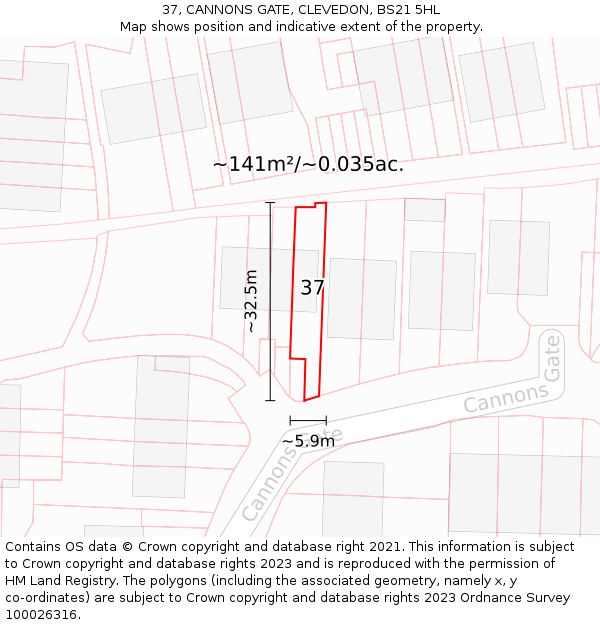 37, CANNONS GATE, CLEVEDON, BS21 5HL: Plot and title map