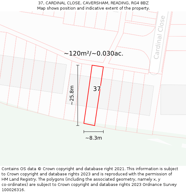 37, CARDINAL CLOSE, CAVERSHAM, READING, RG4 8BZ: Plot and title map