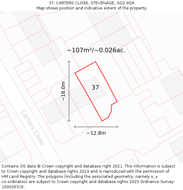 37, CARTERS CLOSE, STEVENAGE, SG2 9QA: Plot and title map