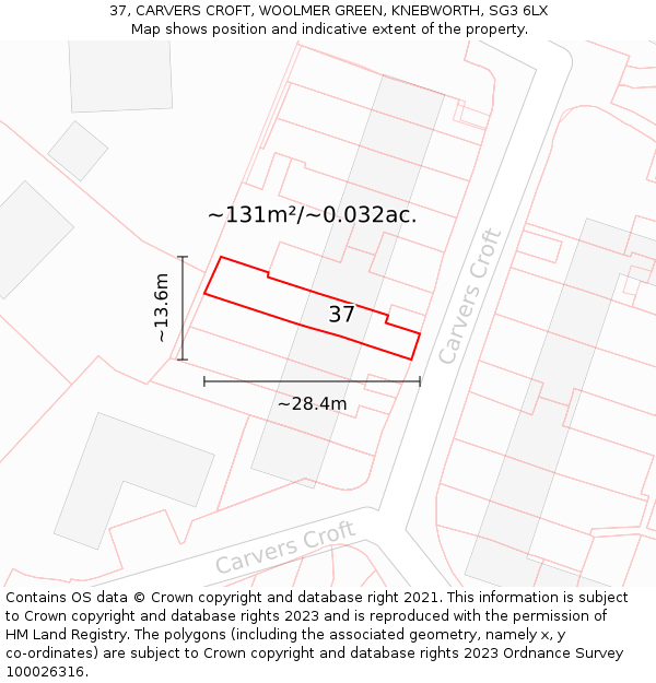 37, CARVERS CROFT, WOOLMER GREEN, KNEBWORTH, SG3 6LX: Plot and title map