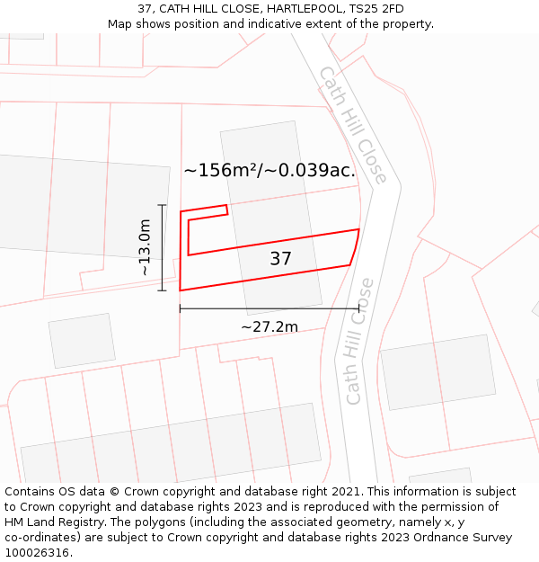 37, CATH HILL CLOSE, HARTLEPOOL, TS25 2FD: Plot and title map
