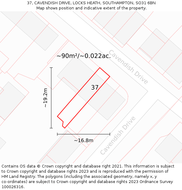 37, CAVENDISH DRIVE, LOCKS HEATH, SOUTHAMPTON, SO31 6BN: Plot and title map