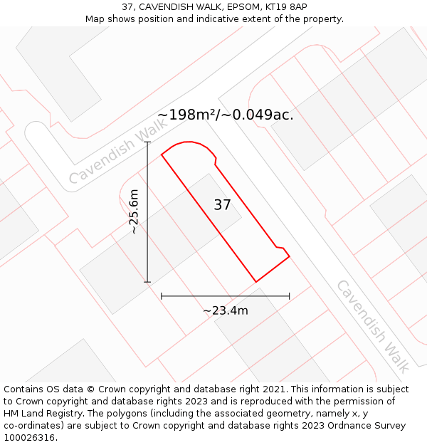 37, CAVENDISH WALK, EPSOM, KT19 8AP: Plot and title map