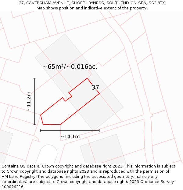 37, CAVERSHAM AVENUE, SHOEBURYNESS, SOUTHEND-ON-SEA, SS3 8TX: Plot and title map