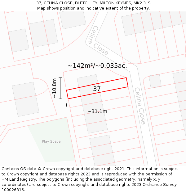 37, CELINA CLOSE, BLETCHLEY, MILTON KEYNES, MK2 3LS: Plot and title map
