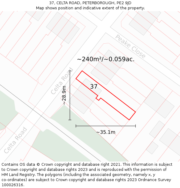 37, CELTA ROAD, PETERBOROUGH, PE2 9JD: Plot and title map