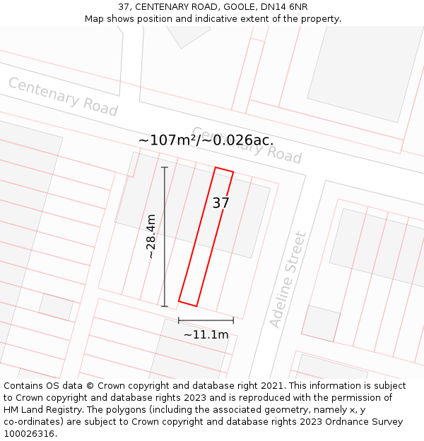 37, CENTENARY ROAD, GOOLE, DN14 6NR: Plot and title map