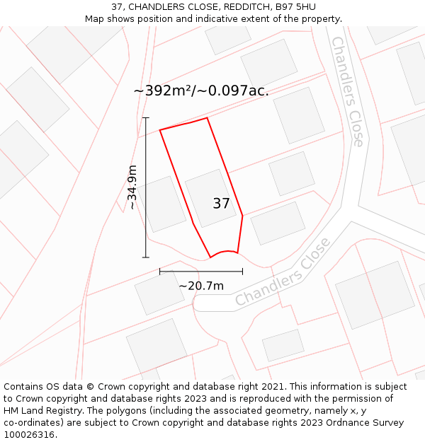 37, CHANDLERS CLOSE, REDDITCH, B97 5HU: Plot and title map