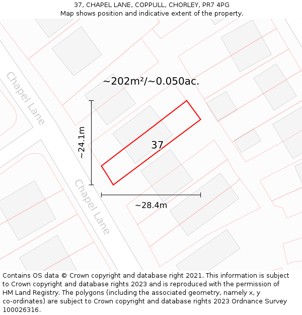 37, CHAPEL LANE, COPPULL, CHORLEY, PR7 4PG: Plot and title map