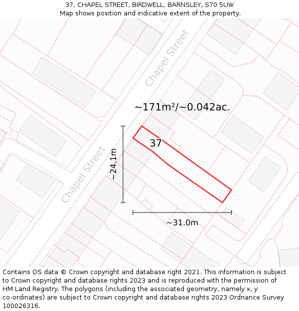 37, CHAPEL STREET, BIRDWELL, BARNSLEY, S70 5UW: Plot and title map